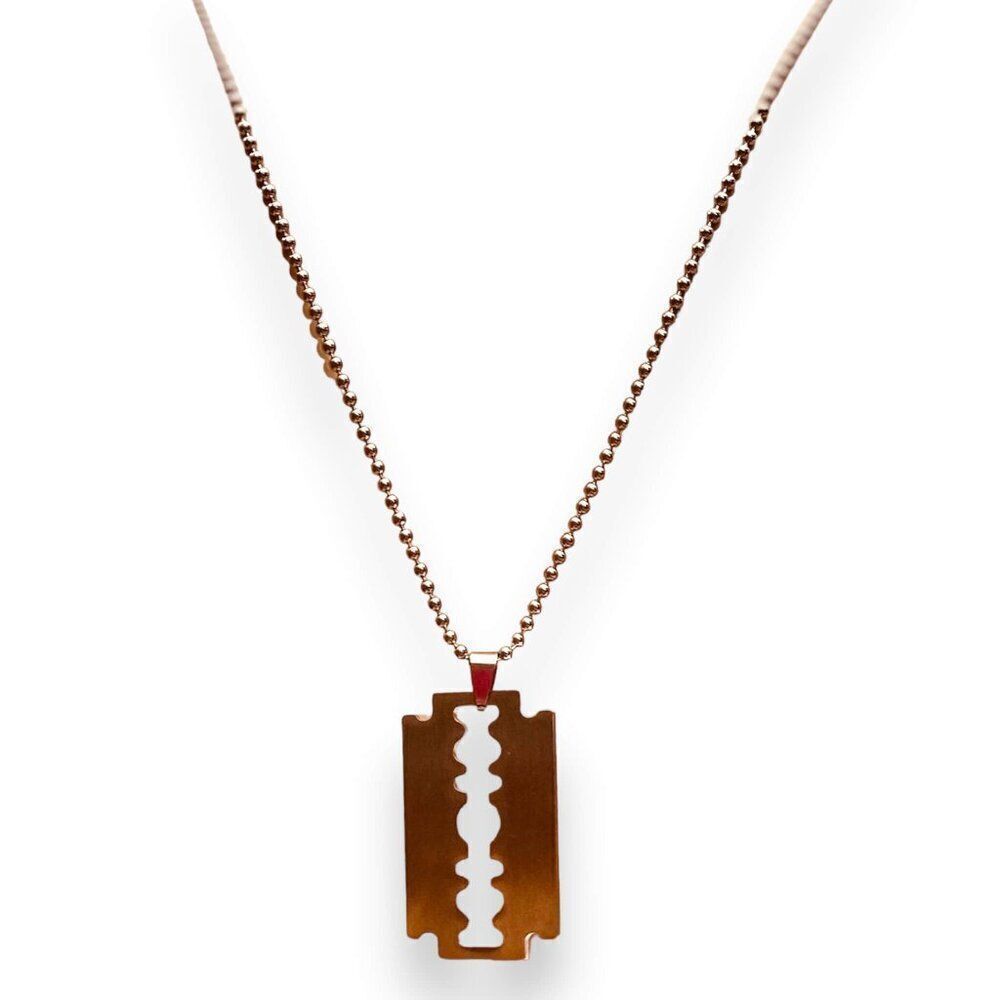 Stainless Steel Razor Blade Pendant Beaded Chain Necklace Jewelry - NEW
